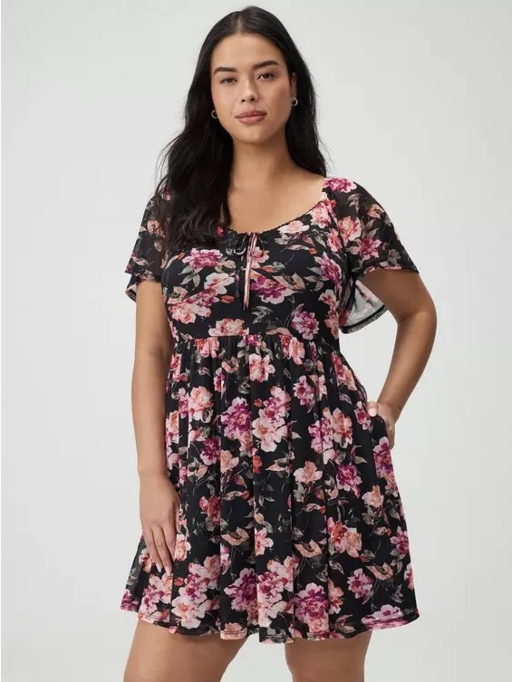 torrid Black Floral Scoop-Neck Babydoll Dress with Pink Blooms